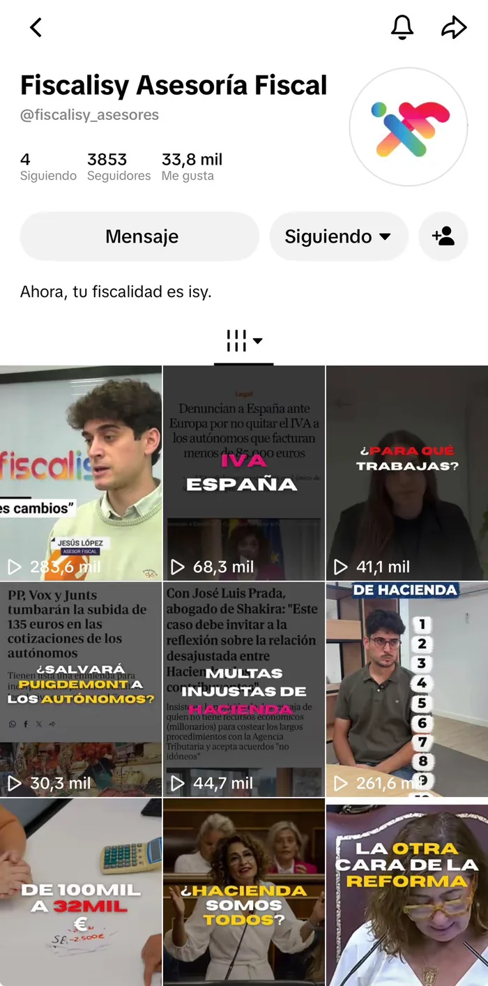 Perfil de TikTok de Fiscalisy con 3.853 seguidores y 33,8 mil me gusta